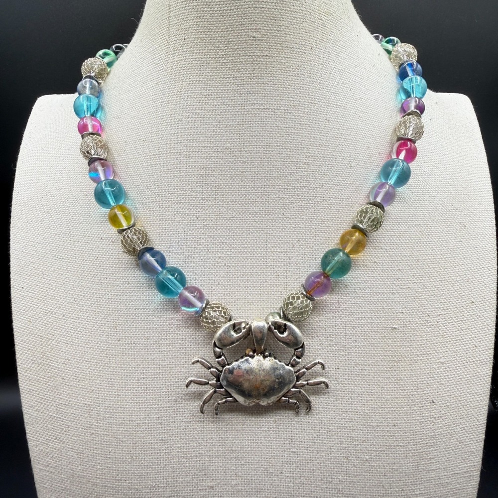 Silver Tone Crab Pendant Necklace Multicolor Beads Coastal Nautical Statement